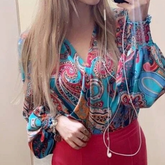 Tops - 065 Boho Paisley Print Surplice Blouse